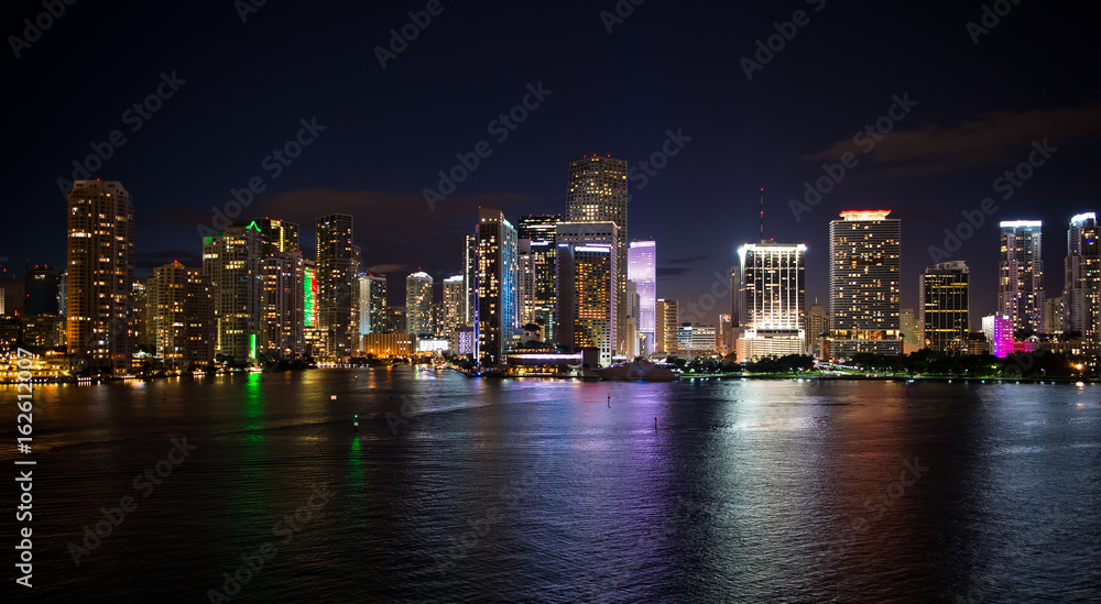 Miami skyscrapers skyline at night, Aerial view