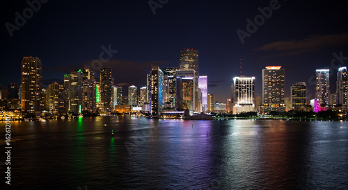 Miami skyscrapers skyline at night, Aerial view