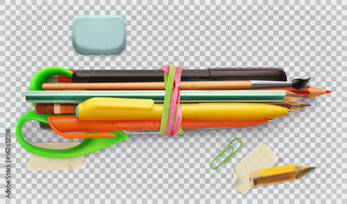 School supplies. Pen, pencil, brush, scissors. 3d vector icon set