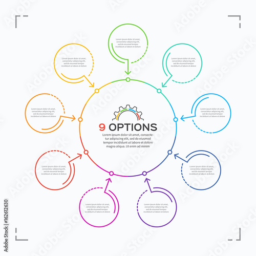 Minimal style circle infographic template with 9 options.