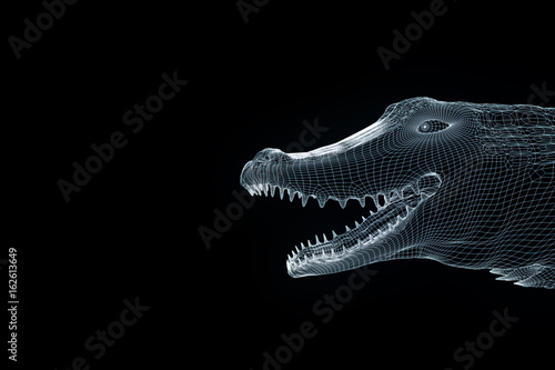 Alligator in Hologram Wireframe Style. Nice 3D Rendering  