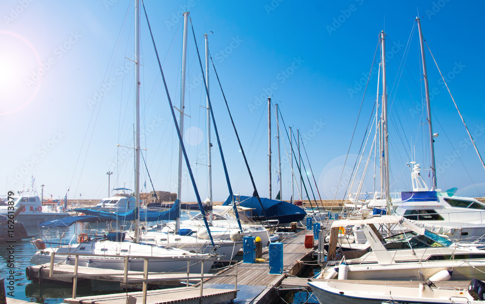 Amazing yachts in the Chania port, Crete island, Greece