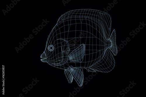 Fish in Hologram Wireframe Style. Nice 3D Rendering 