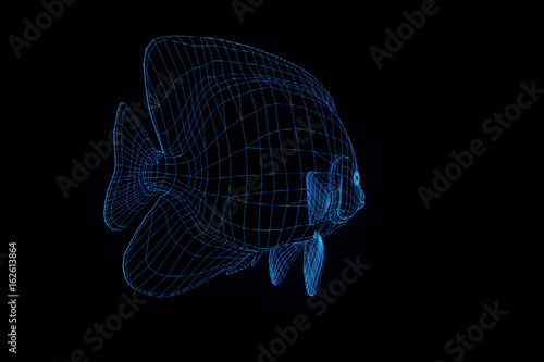Fish in Hologram Wireframe Style. Nice 3D Rendering
