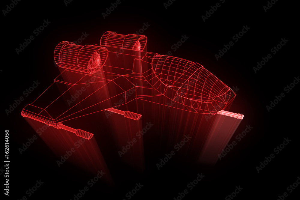 Obraz premium Futuristic Spaceship in Hologram Wireframe Style. Nice 3D Rendering 