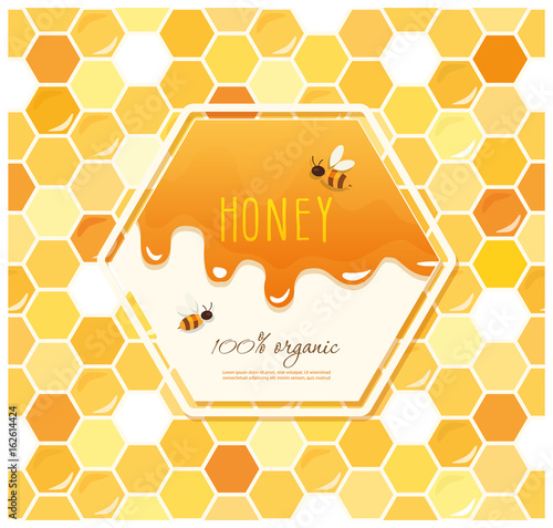 Honey package design. Label on seamless honeycomb pattern.