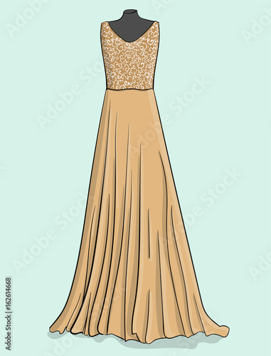 Beige long wedding dress with white lace on the corset eps 10 illustration