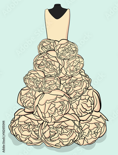 White long wedding dress with a hem made in the form of large peonies eps 10 illustration