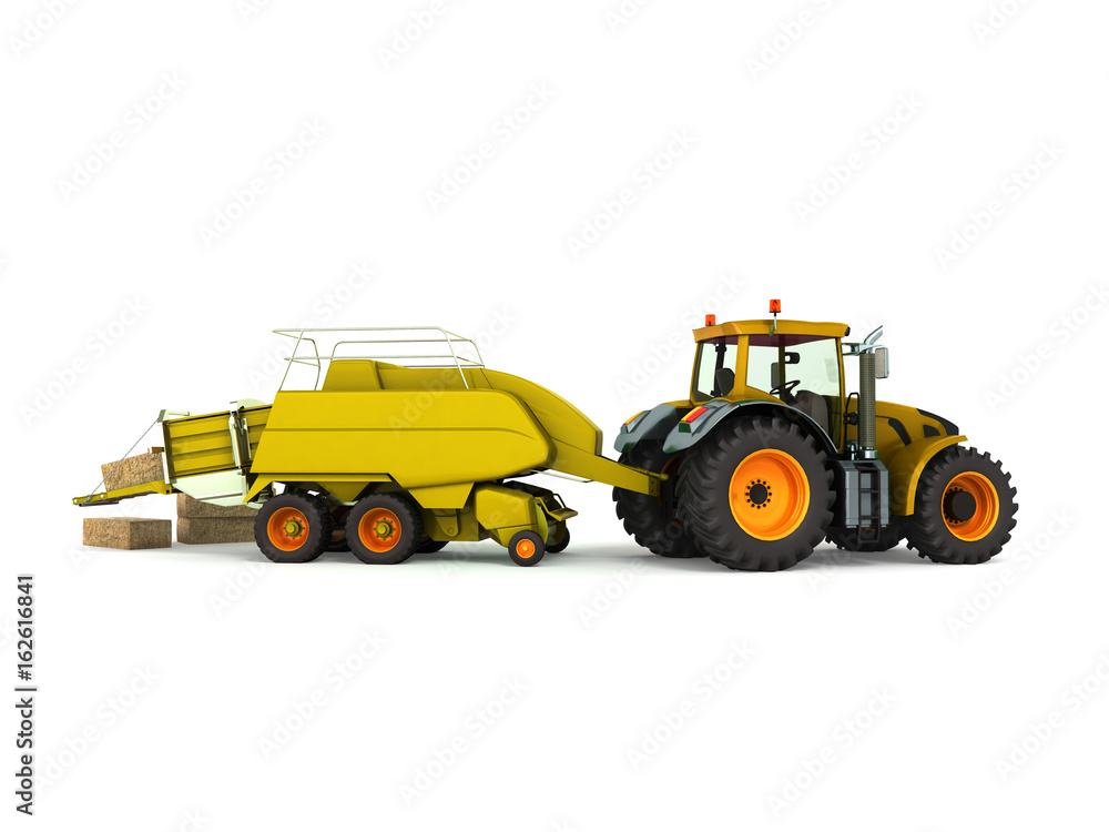 Press baler for hay tractor 3d render on white background