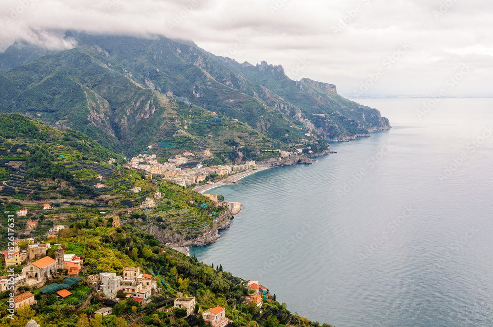 View of the Amalfi Coast from the garden of Villa Rufolo on a cloudy and rainy autumn day - Ravello, Campania, Italy View of the Amalfi Coast from the garden of Villa Rufolo on a cloudy and rainy autumn day - Ravello, Campania, Italy
