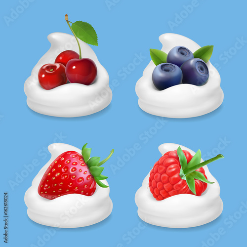 Berries and yogurt. Realistic illustration vector icon set