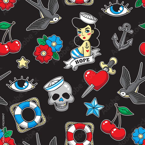 Old school seamless pattern in rockabilly style.