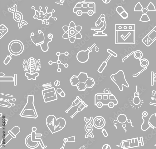 Medicine, grey background, seamless, contour icons, vector White, line drawings, medical services and tools on a gray field. Vector background. 