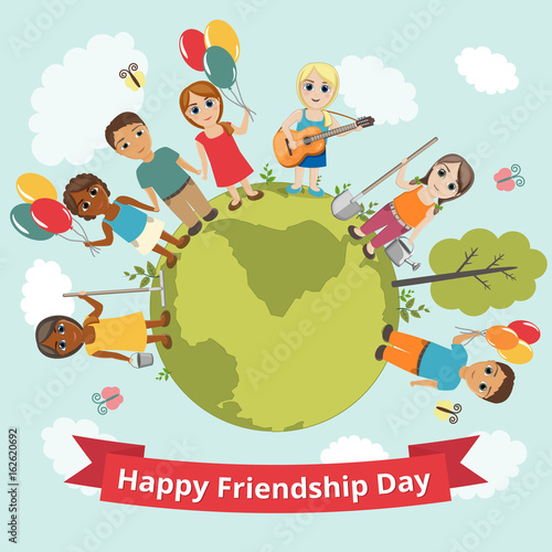 International Day of Friendship. Vector illustration for holiday. Children hold hands and smile.