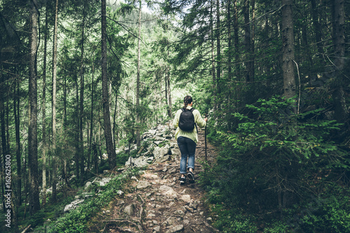 Young lady hiker with backpack walking in carpathian