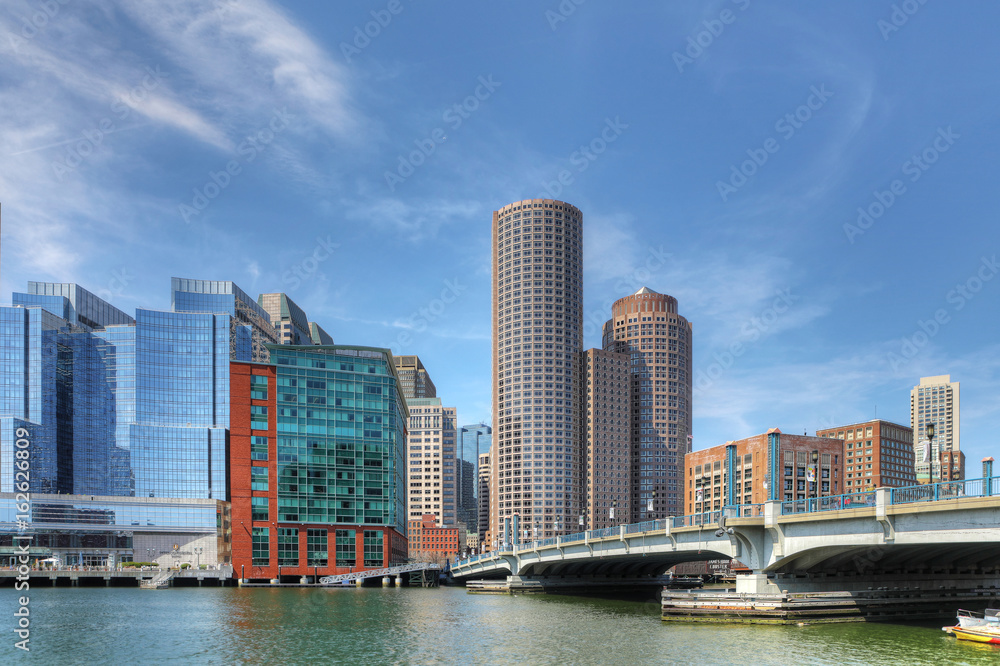View of the Boston harbor skyline on a sunny day