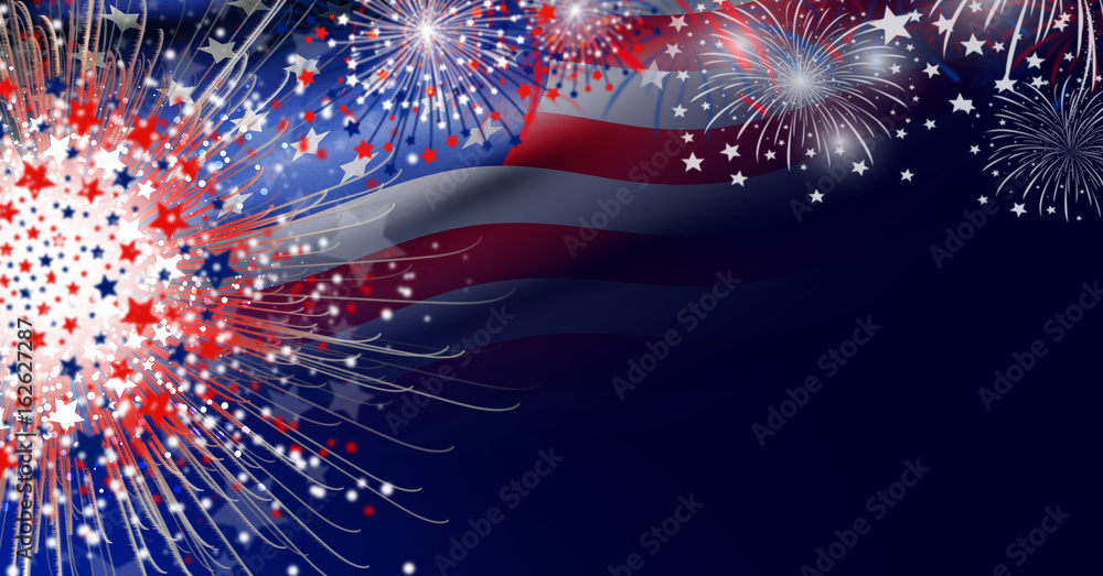 USA flag with firework background design for USA 4 july independence day - obrazy, fototapety, plakaty 