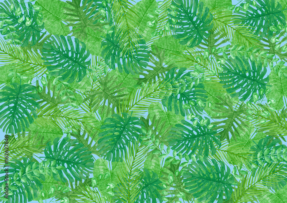 Tropical Leaves Watercolor Blue Background