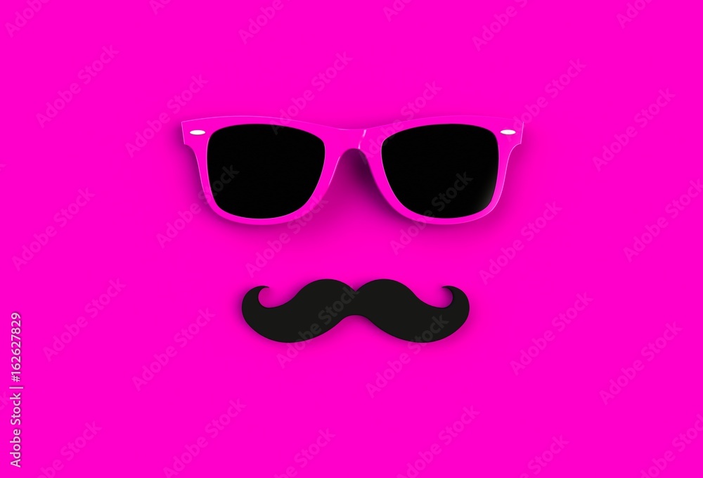 Father's day concept. Hipster pink sunglasses and funny moustache on pink background, 3D rendering