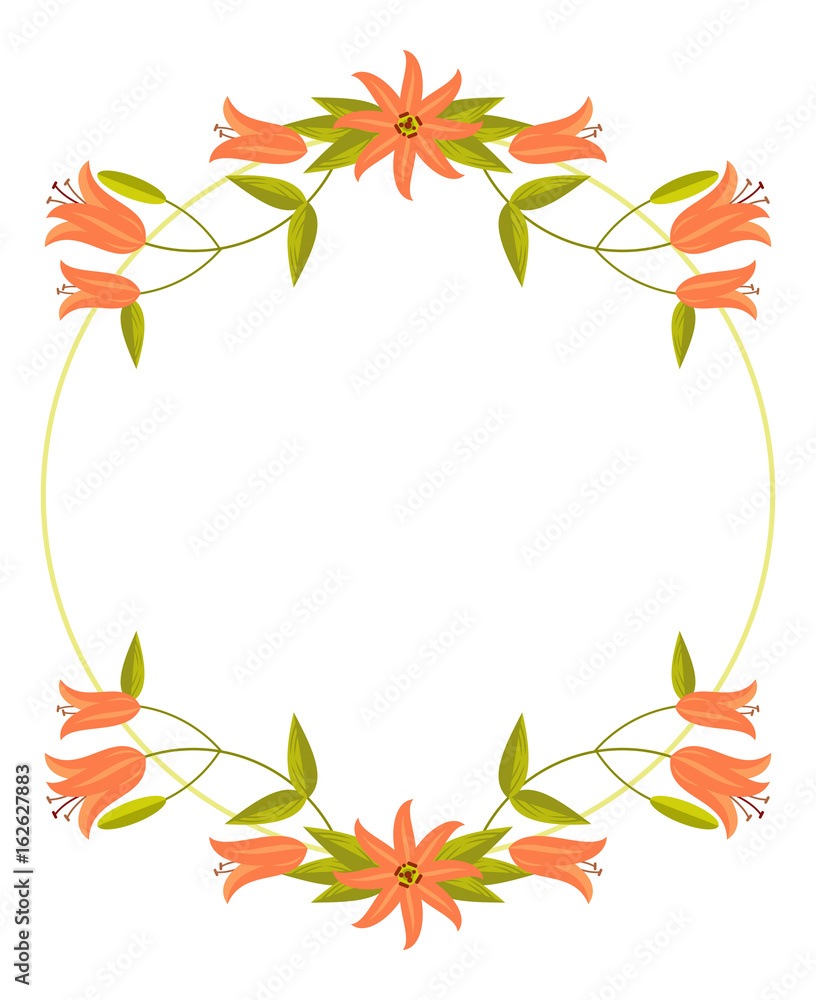 Round decorative frame with abstract orange flowers. Vector clip art.