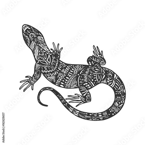 Isolated hand drawn black outline monochrome abstract ornate lizard on white background. Ornament of curve lines. Page of coloring book.