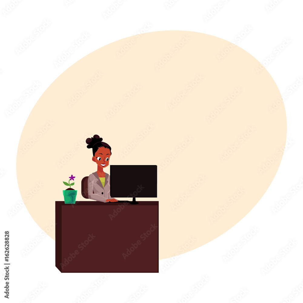 Black, African American businesswoman, secretary, working on computer at office table, cartoon vector illustration with space for text. Black businesswoman, secretary working on computer Black, African American businesswoman, secretary, working on computer at office table, cartoon vector illustration with space for text. Black businesswoman, secretary working on computer