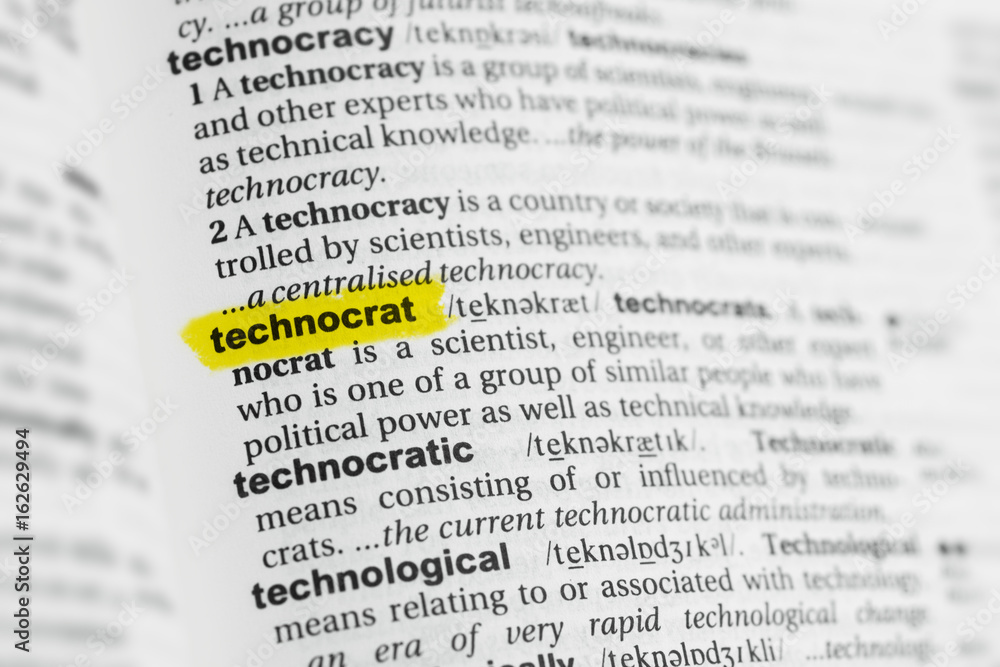 Highlighted English word "technocrat" and its definition at the