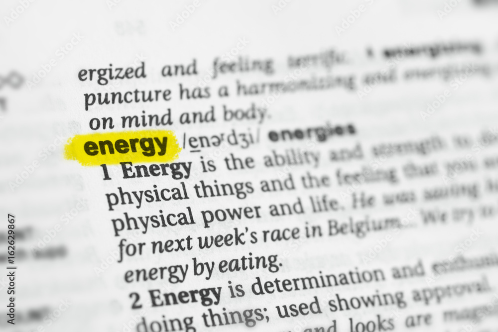 Highlighted English word "energy" and its definition at the dictionary