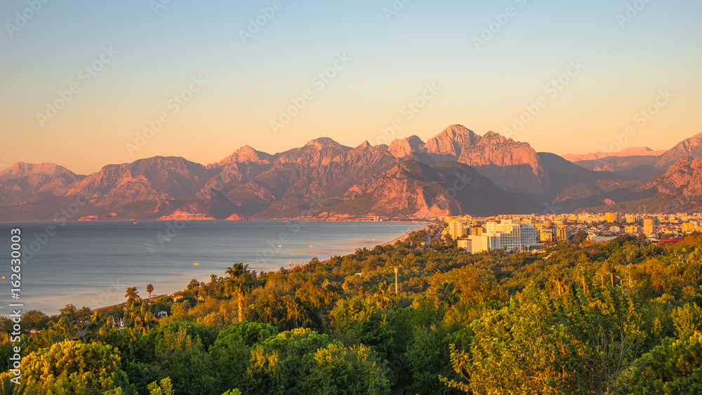 View of Antalya Mediterranean seacoast at sunset, Antalya, Turkey View of Antalya Mediterranean seacoast at sunset, Antalya, Turkey