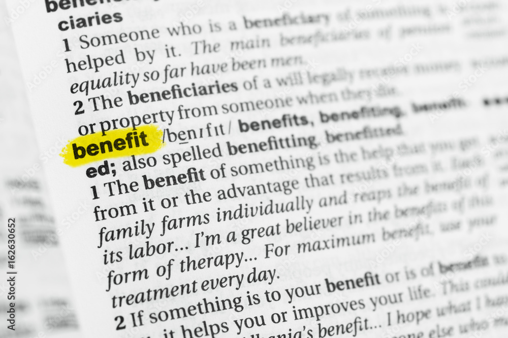 Highlighted English word "benefit" and its definition at the dictionary