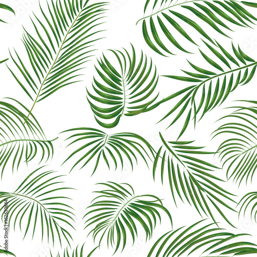 Seamless hand drawn tropical pattern with palm leaves  jungle exotic leaf on white background