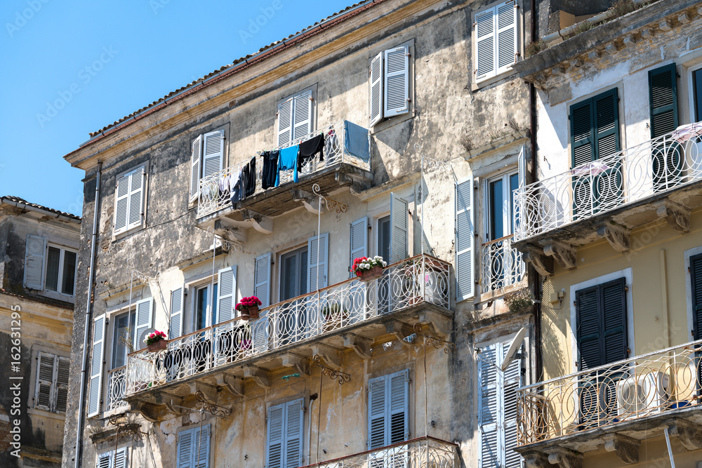 Balcony of old building in the old town of Corfu