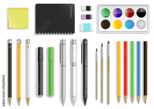 Set of different office supplies in vector. Pencils and pens, notepad and eraser, brushes and paints