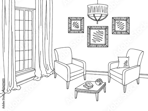Living room graphic black white interior sketch illustration vector