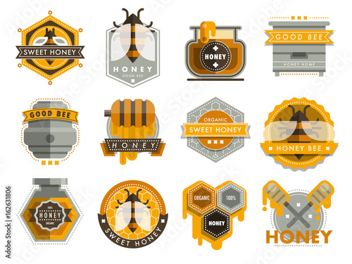 Set bee logo labels for honey products organic farm emblem natural sweet product hight quality healthy food vector illustration.