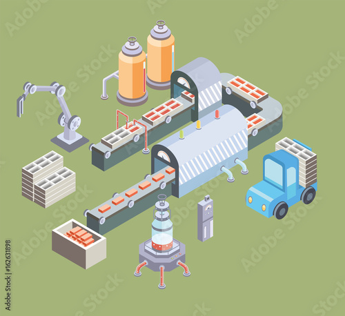 Automated production line. Factory floor with conveyor and various machines. Industrial vector illustration in isometric projection.