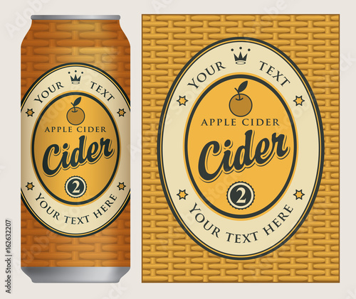 Vector label for apple cider in an oval frame with an apple and a crown on basket background. Template label for cans cider in retro style.