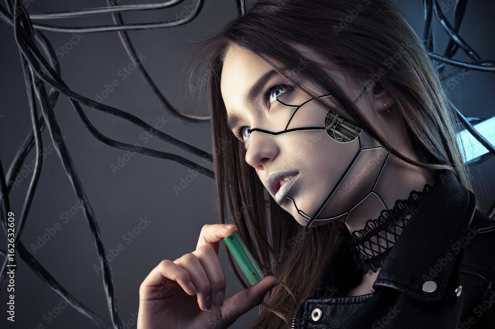 charming robot girl with cyberpunk style makeup holding battery in hand,  concept energy saving Stock Photo | Adobe Stock