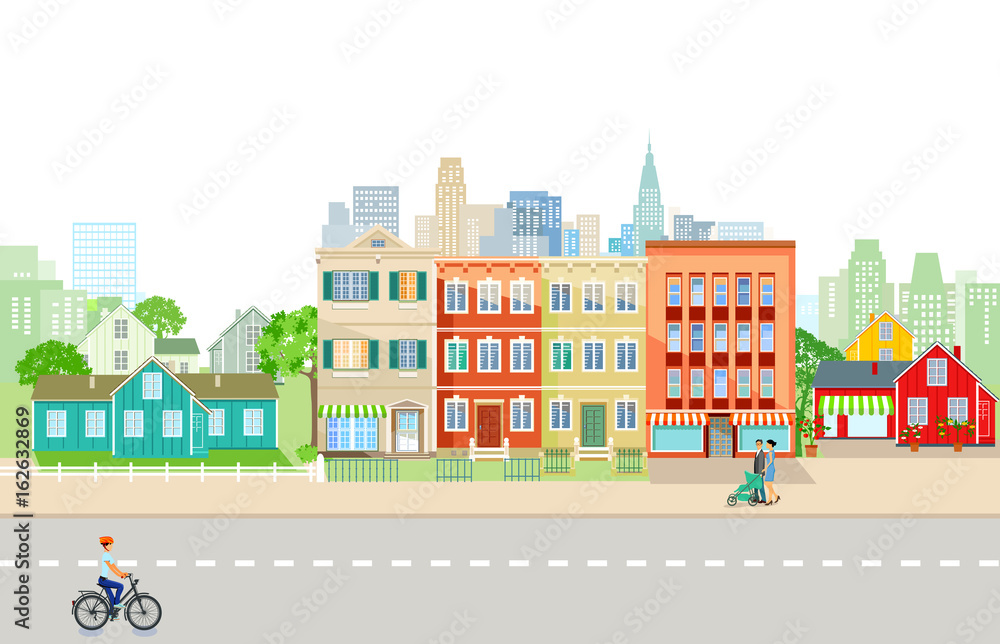 Straße in der Stadt mit Personen. Illustration
