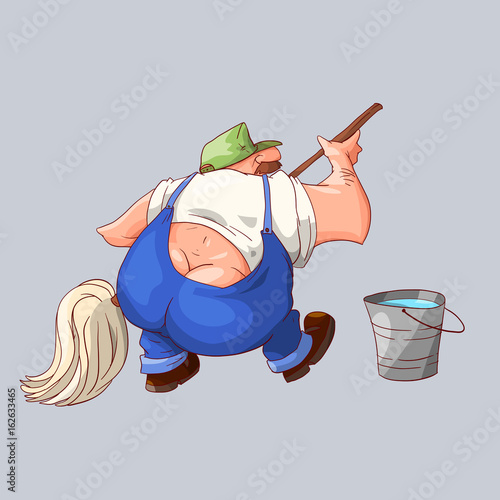 Colorful vector illustration of a cartoon fat cleaner with butt ridiculous cleavage showing