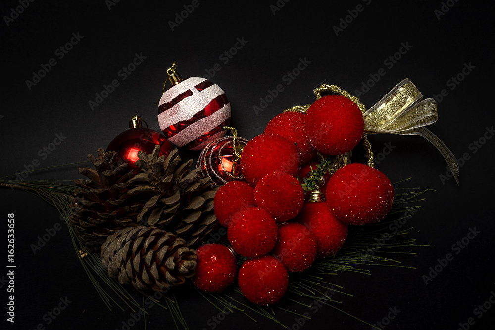 Christmas ornaments. Balls. Toys. Santa claus; Candles; Gifts;