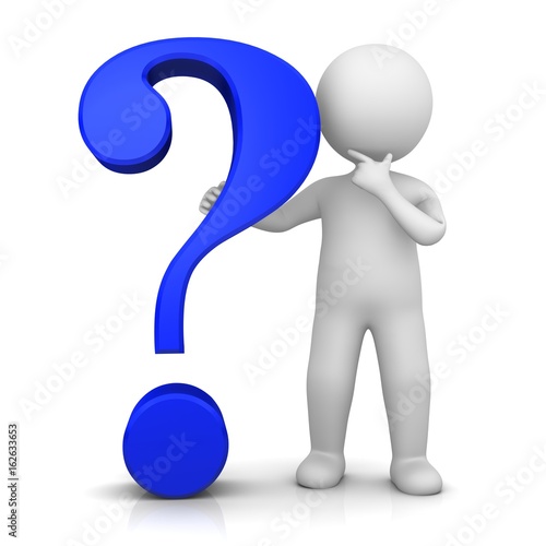 question mark 3d blue interrogation point asking sign punctuation mark with standing thinking stick man isolated on white background for business presentation and print