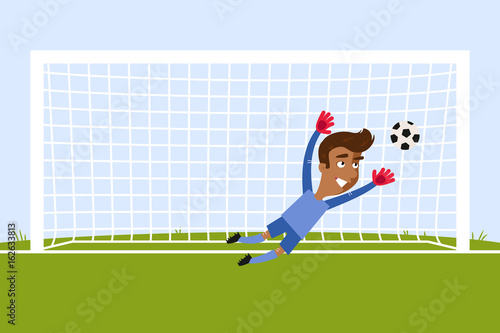 Brave asian cartoon goalkeeper jumping to save a penalty kick