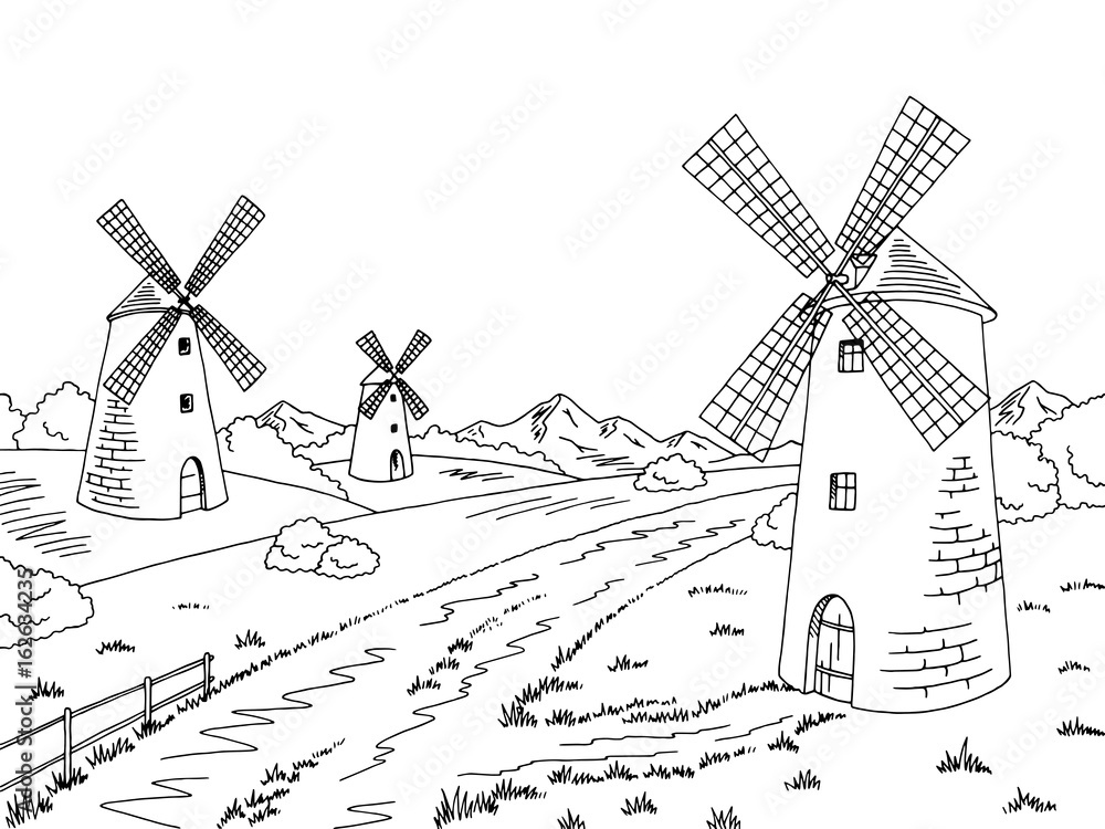 Road mill graphic black white landscape sketch illustration vector