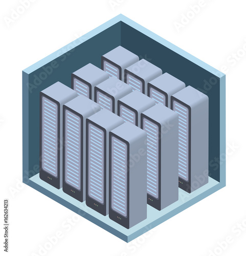 Data center icon, server room. Vector illustration in isometric projection, isolated on white background.
