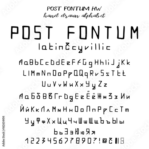 Hand drawn alphabet, written font in postal style: capital and lower latin and cyrillic letters, numbers and some punctuation. Vector illustration