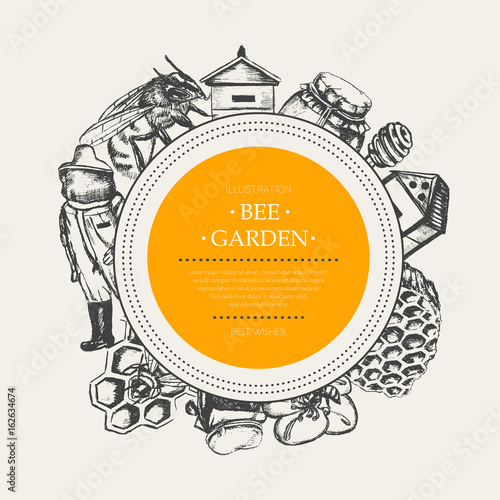 Bee Garden - modern drawn round banner template.