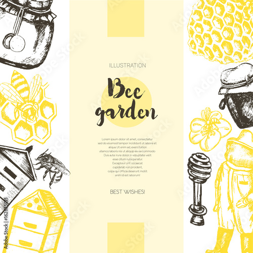 Bee Garden - color drawn vintage banner template.