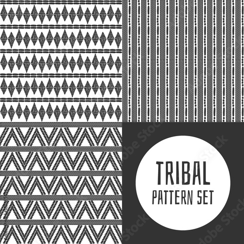 Set of tribal pattern vector seamless. Monochrome African print, Native American, Aztec, Mexican indian or Peru design. Ethnics background for fabric, wallpaper, wrapping paper and card template. photo