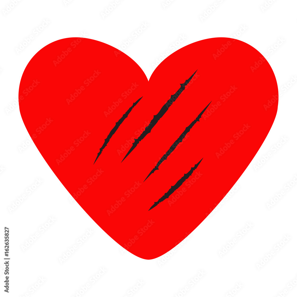 Red heart. Black bloody claws animal scratch scrape track. Cat tiger scratches paw shape. Four nails trace. Funny design element. Flat design. Isolated. White background. Red heart. Black bloody claws animal scratch scrape track. Cat tiger scratches paw shape. Four nails trace. Funny design element. Flat design. Isolated. White background.